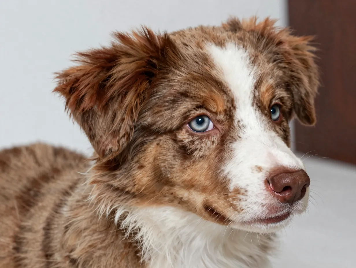 Miniature australian shepherd red merle puppy marbled coat closeup