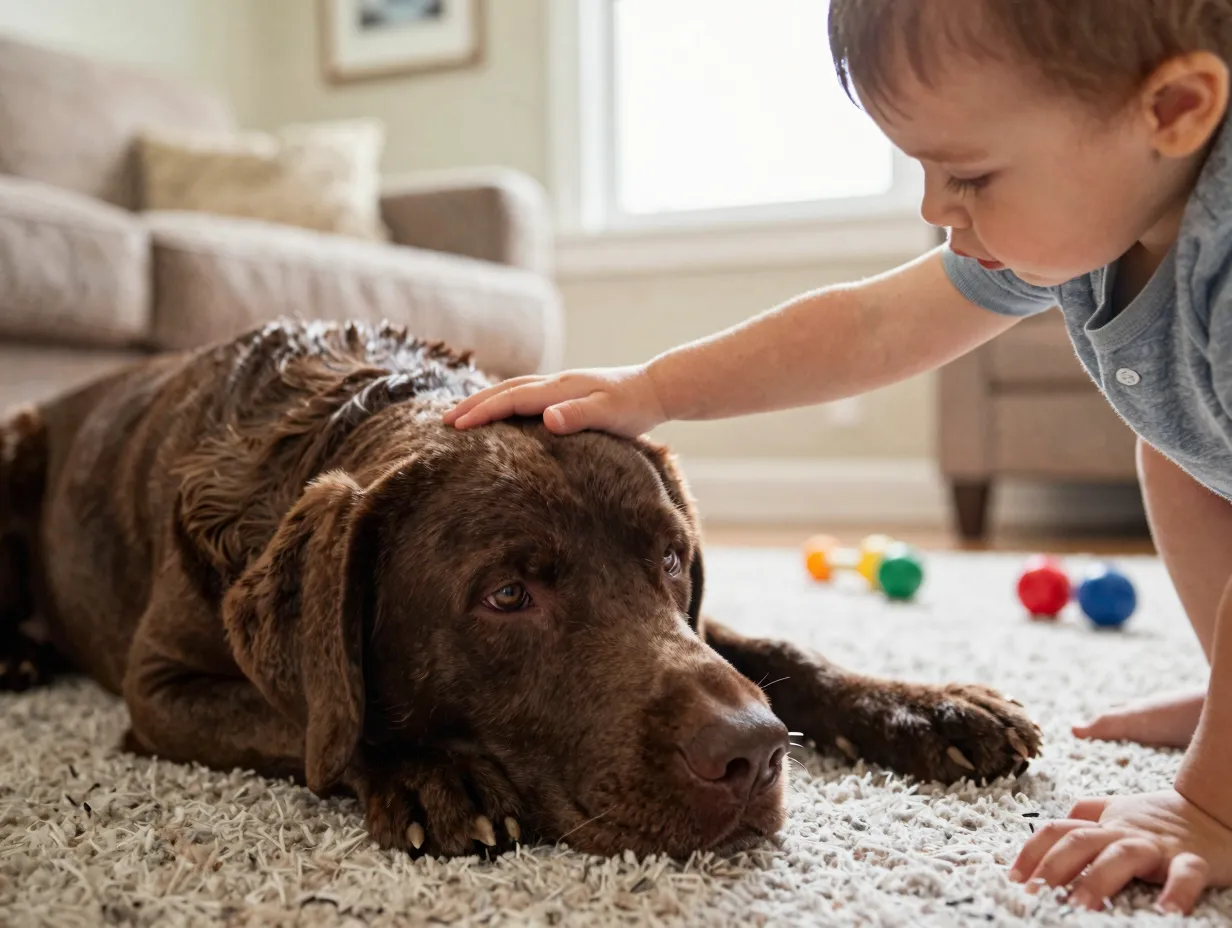 Chocolate labrador playing gently with toddler in sunny living room