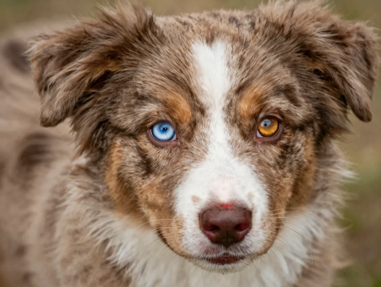 Mini aussie red merle puppy blue and amber heterochromia eyes
