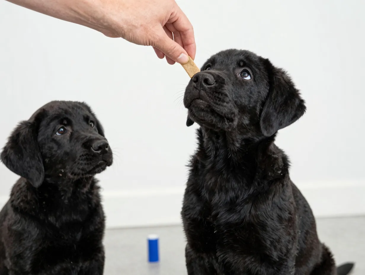 Black labrador puppy attentively learning sit command during treat training