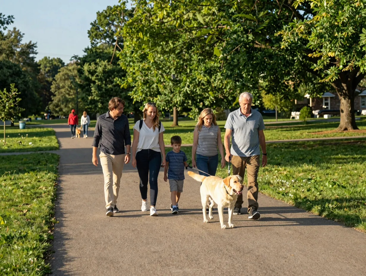 Yellow labrador walking with multigenerational family in community park