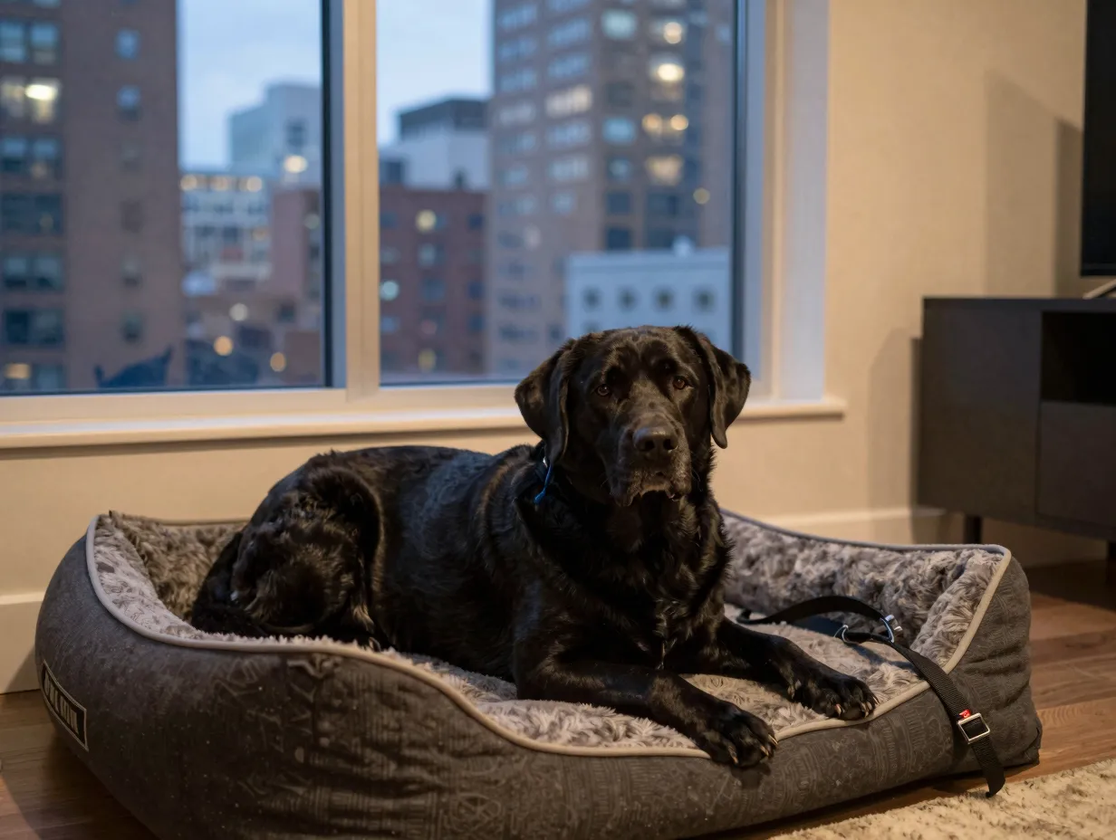 Black labrador resting in modern apartment with urban window view