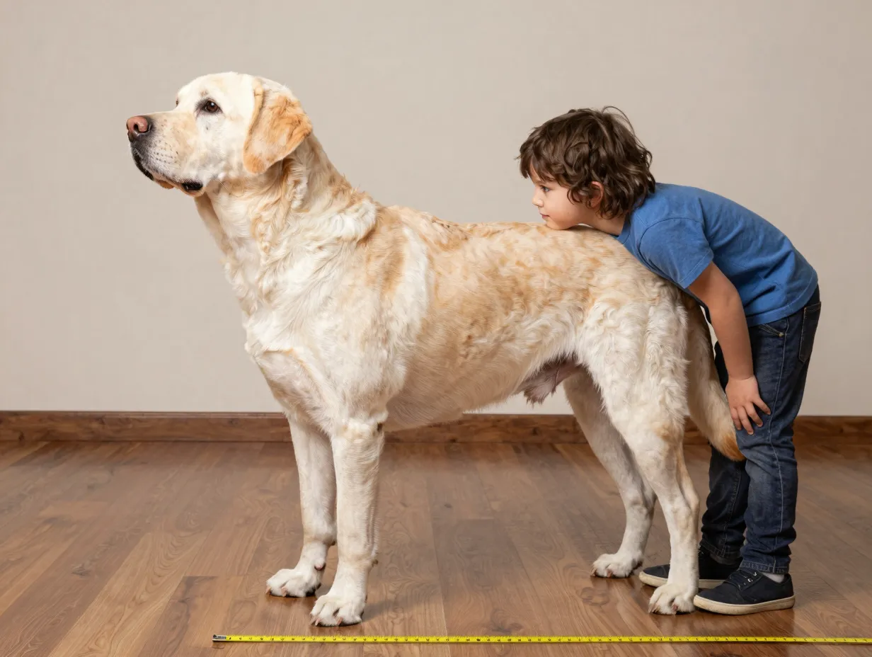 Sturdy yellow labrador showing ideal size with leaning child