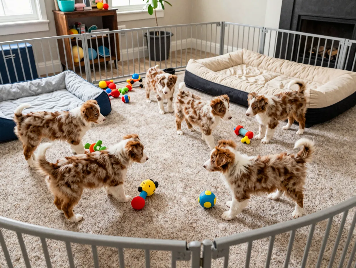 Red merle puppies playing in clean home socialization environment
