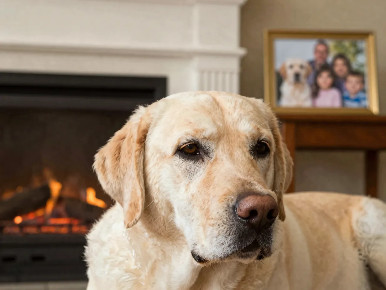 Senior yellow labrador by fireplace with nostalgic family photo