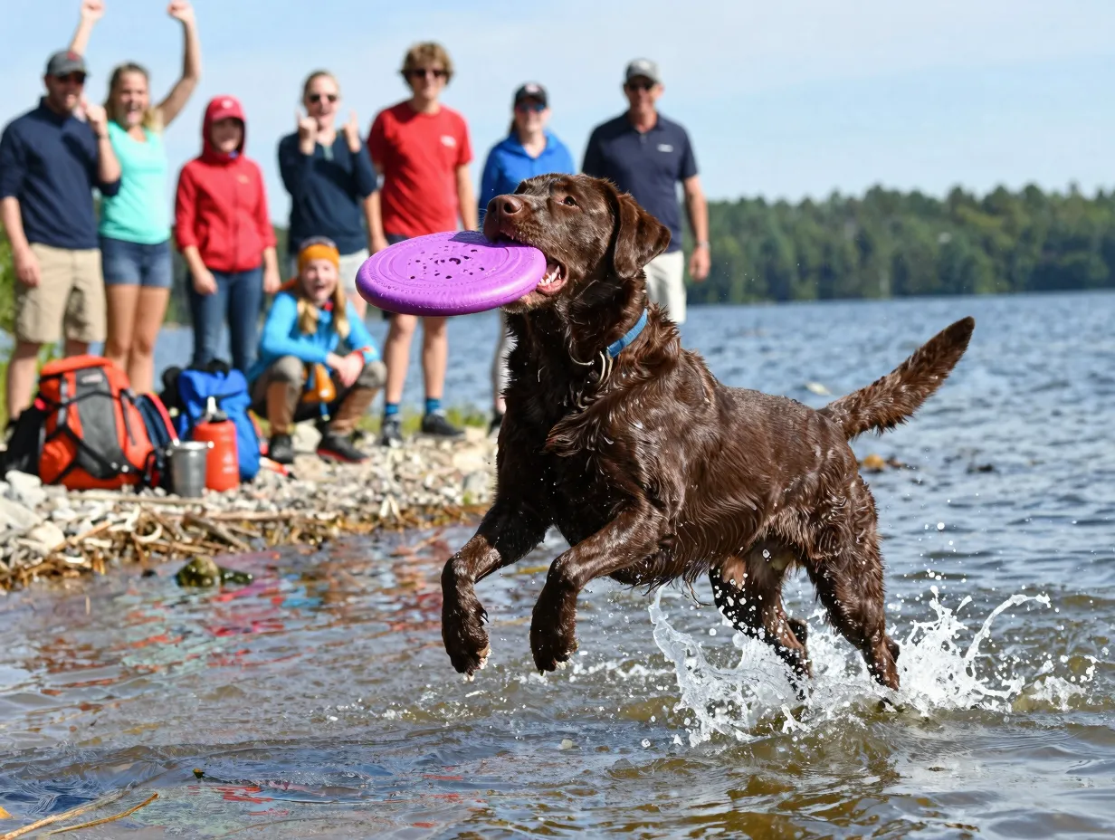 Chocolate labrador leaping from lake with frisbee during hike