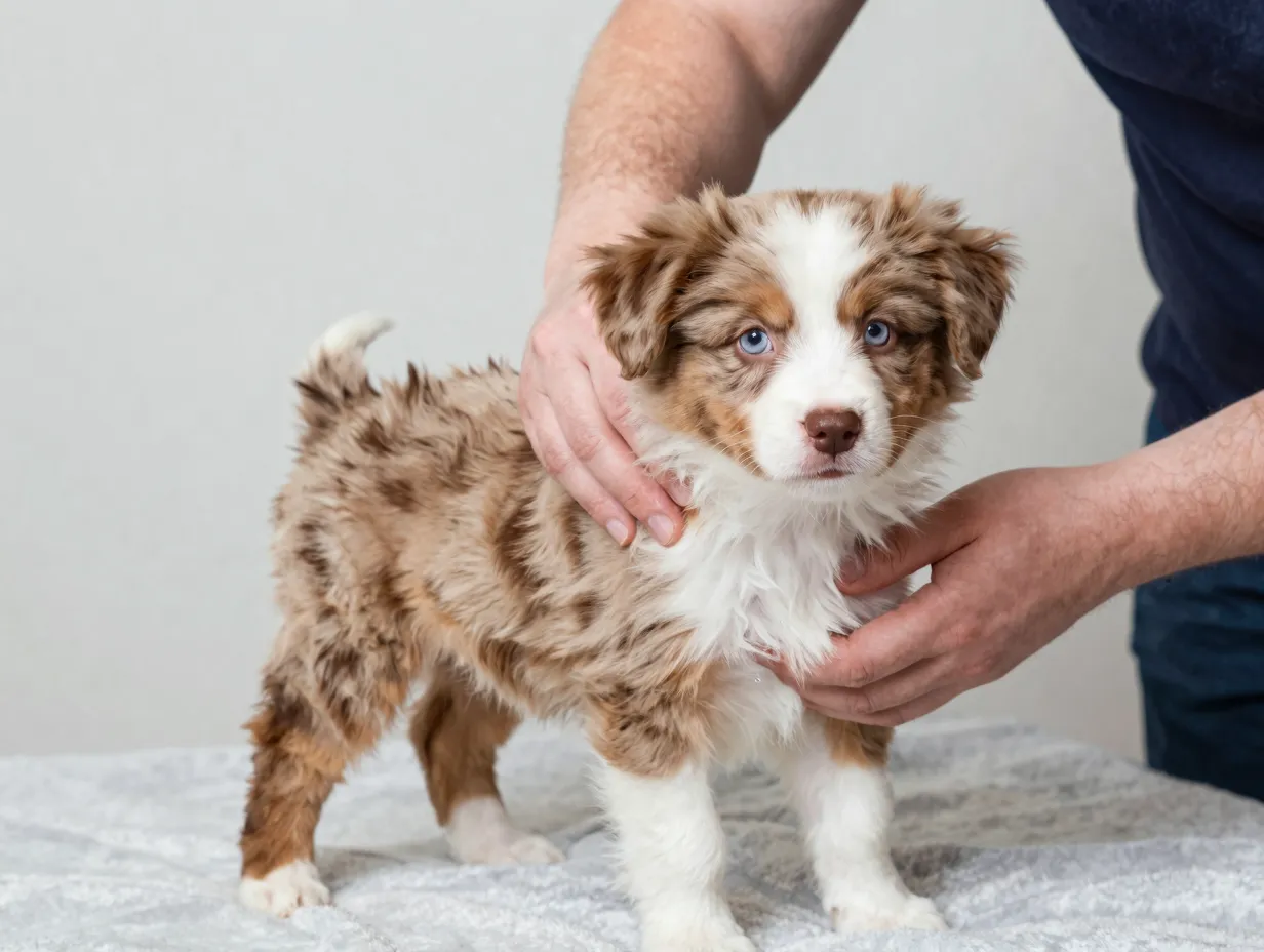 Healthy alert red merle mini aussie puppy physical checkup assessment