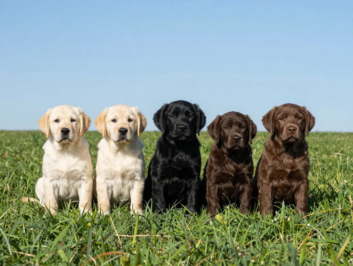 Three labrador puppies yellow black chocolate together on field