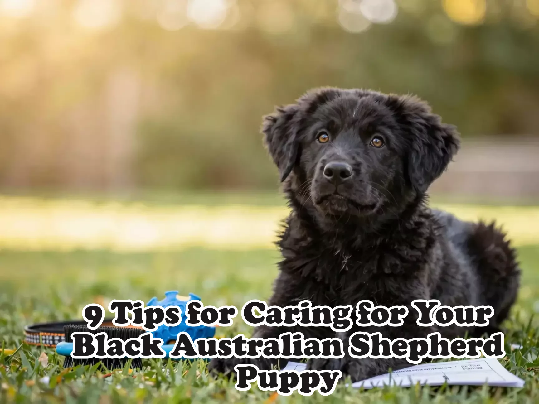 Black aussie puppy grooming brush toy leash vet record main