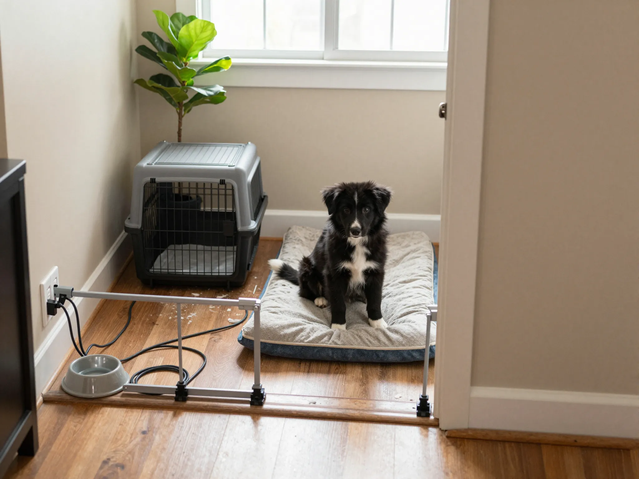 Preparing a home environment with secured cables and a designated puppy zone