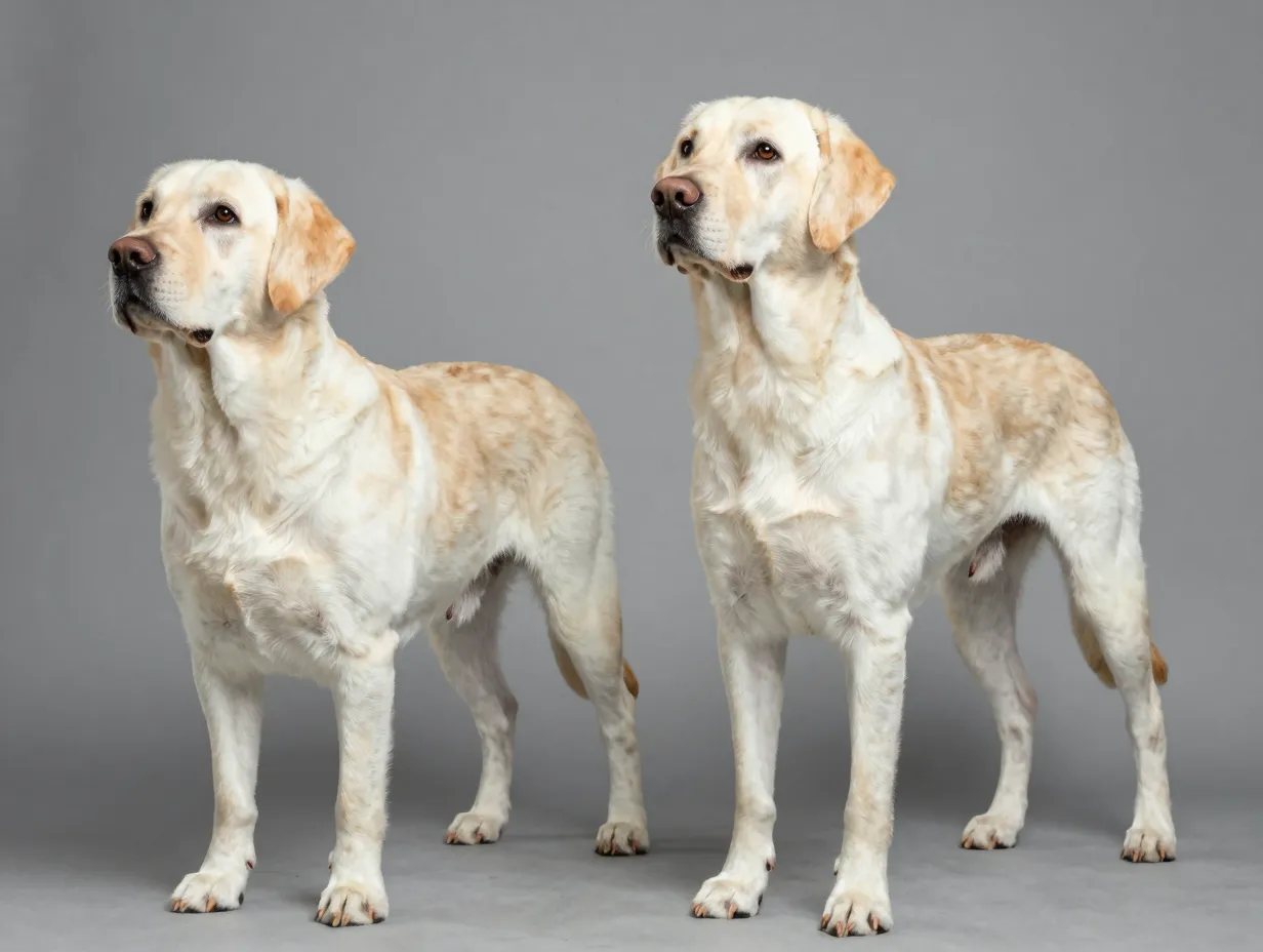 Stocky english labrador and lean american labrador standing side by side