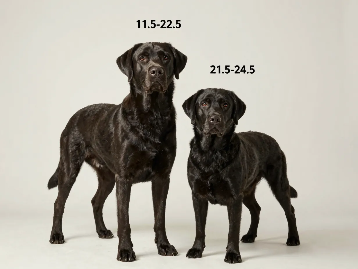 American labrador stands taller than a shorter grounded english labrador