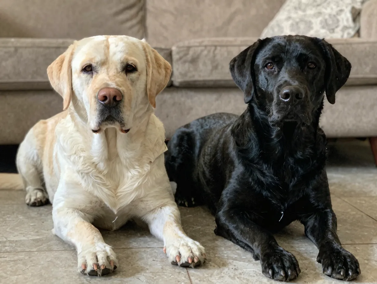Heavy english labrador lying next to a leaner american labrador