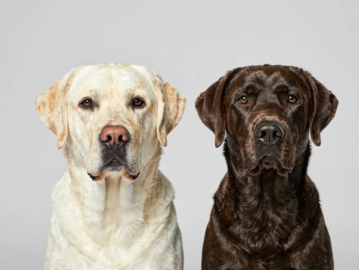 Blocky square headed english labrador next to sleek headed american labrador
