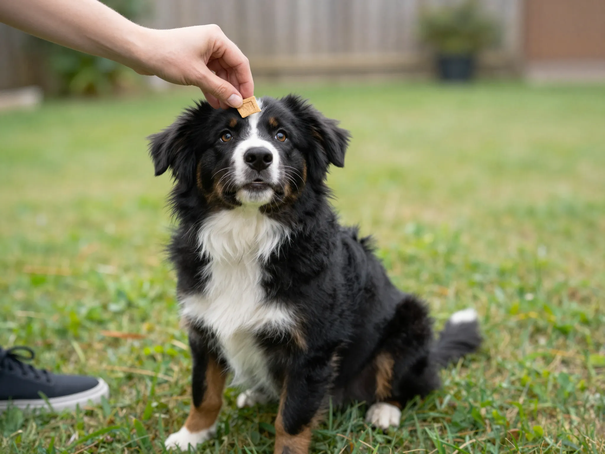 Positive reinforcement training with treats for a smart aussie puppy