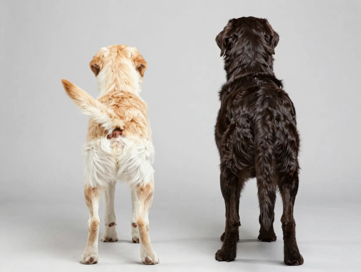 English labrador with curved thin tail next to american labrador straight thick tail