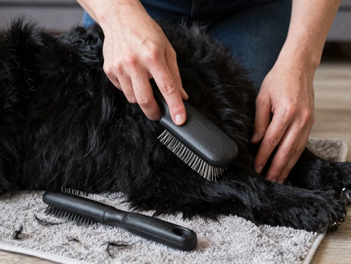 Grooming a black australian shepherds double coat with specialized brushes