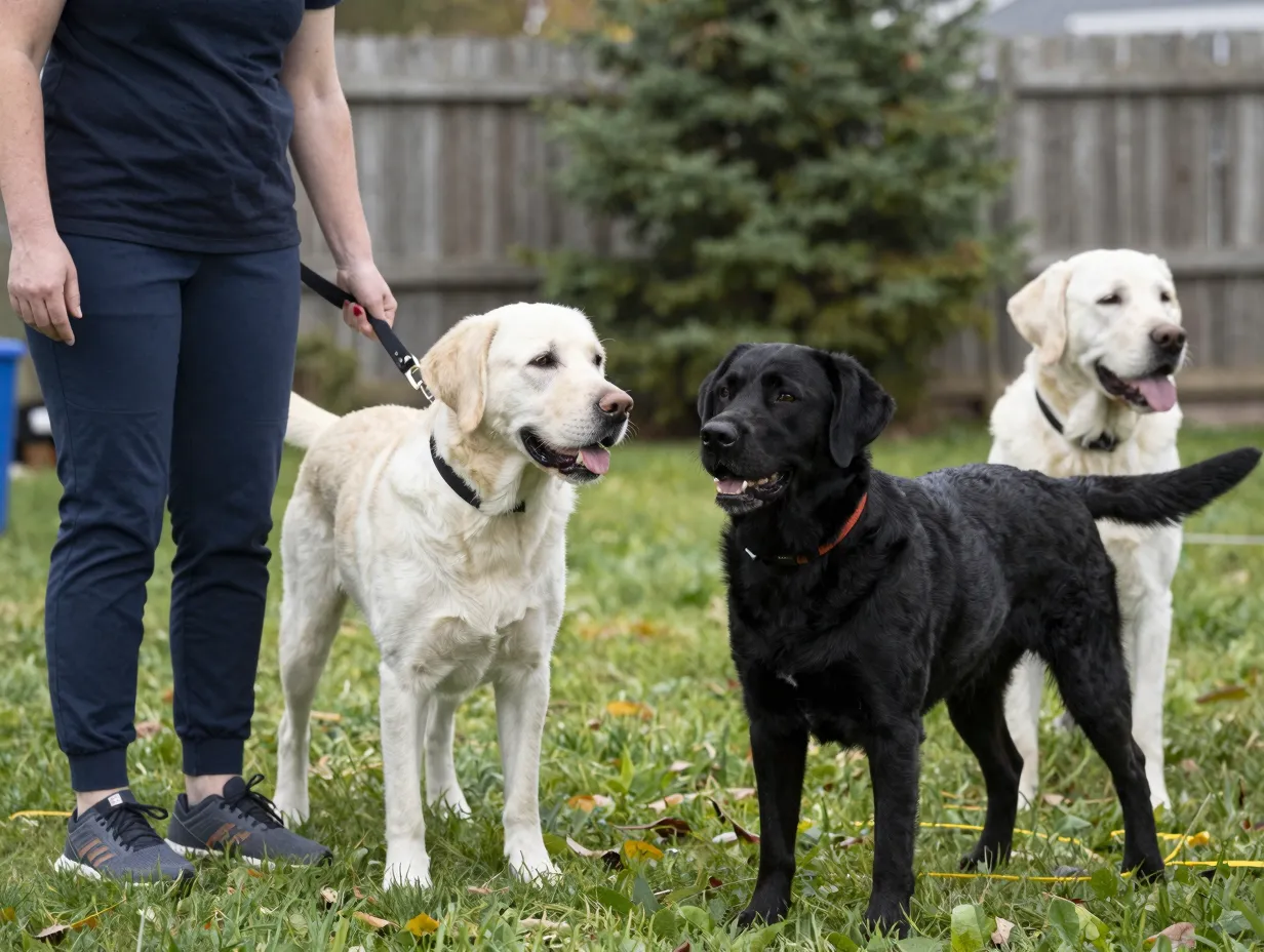 English labrador focused during training next to distracted american labrador