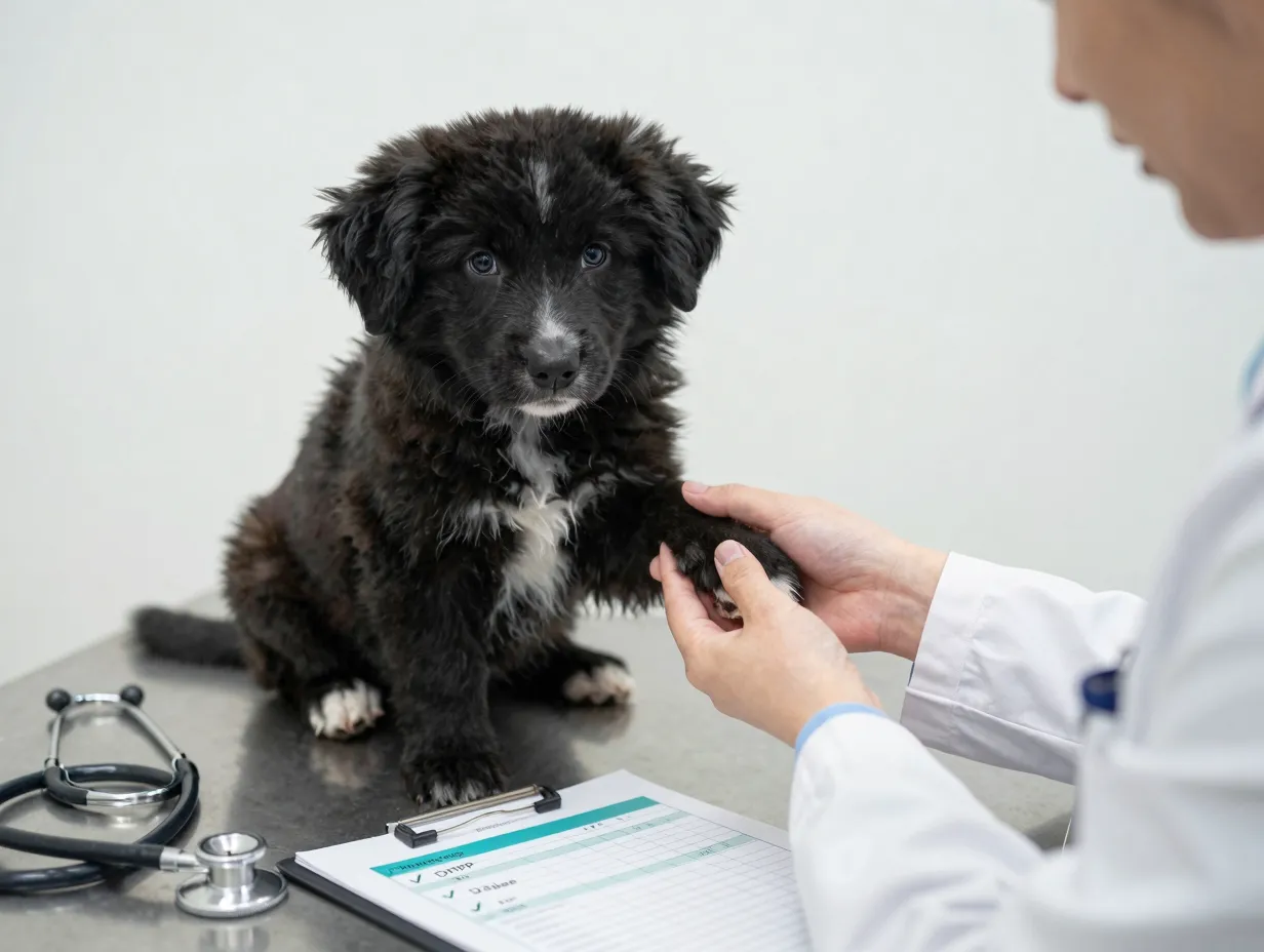 Veterinary care for a puppy with a vaccination chart and health documents