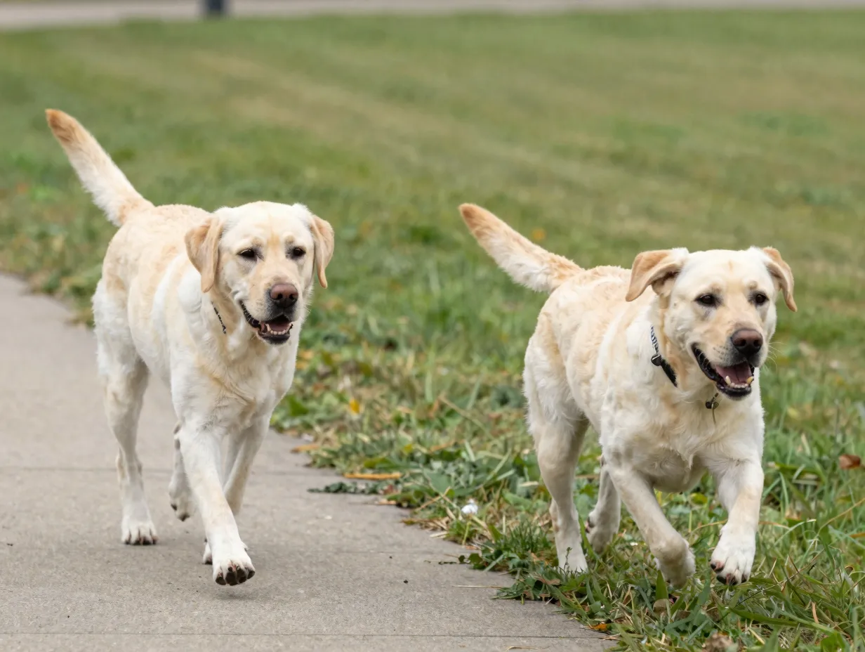 English labrador on a leisurely walk next to american labrador running vigorously