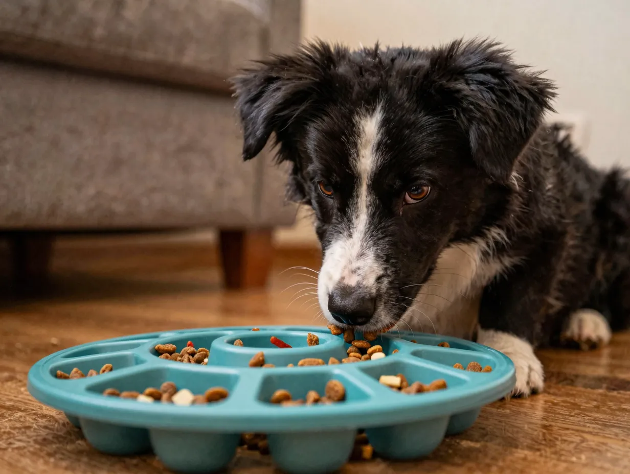 Mental stimulation with a puzzle feeder for a focused australian shepherd