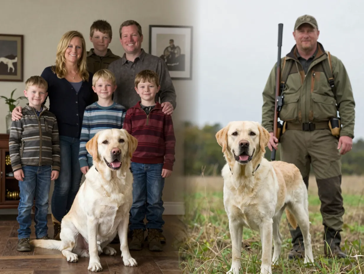 English labrador with a family next to american labrador with a hunter
