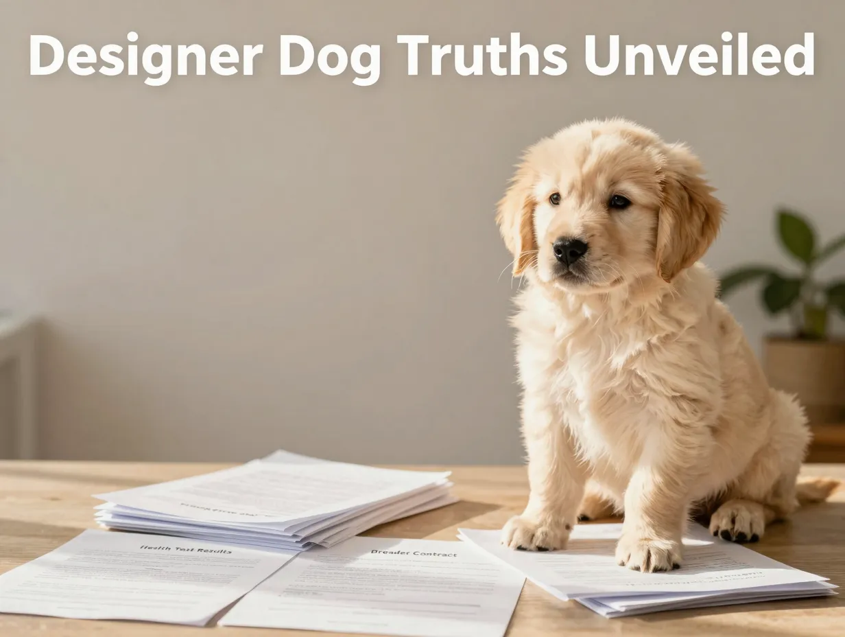 Mini golden retriever puppy on breeder documents research scene