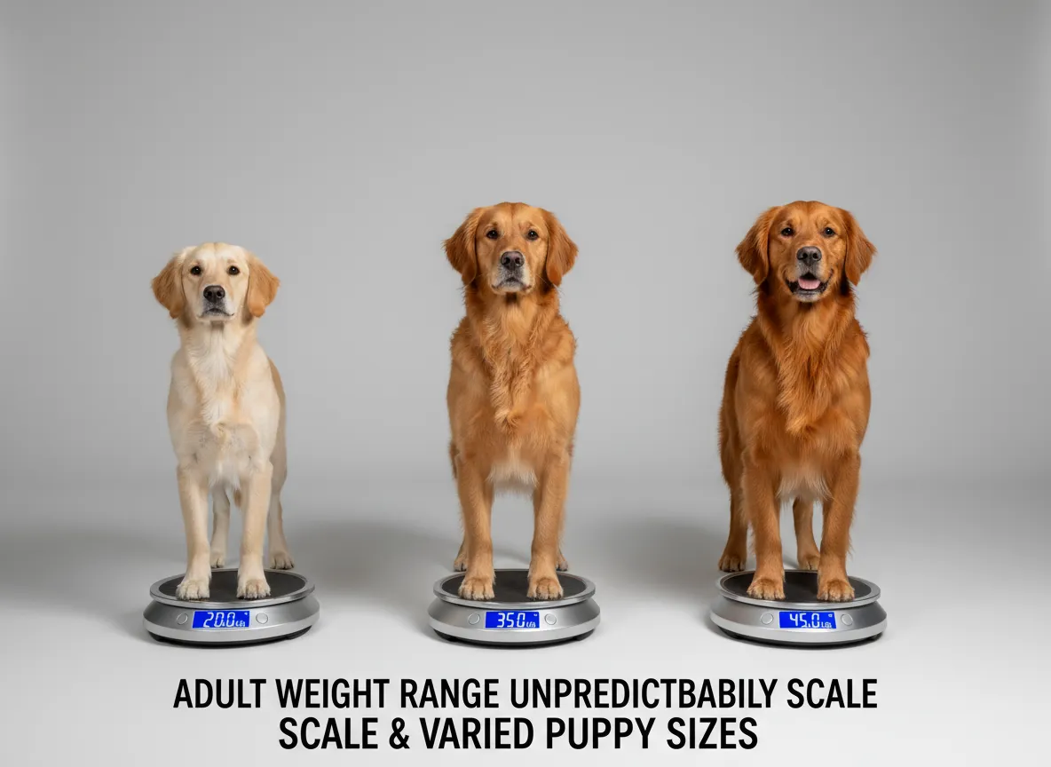 Adult weight range unpredictability scale and varied puppy sizes