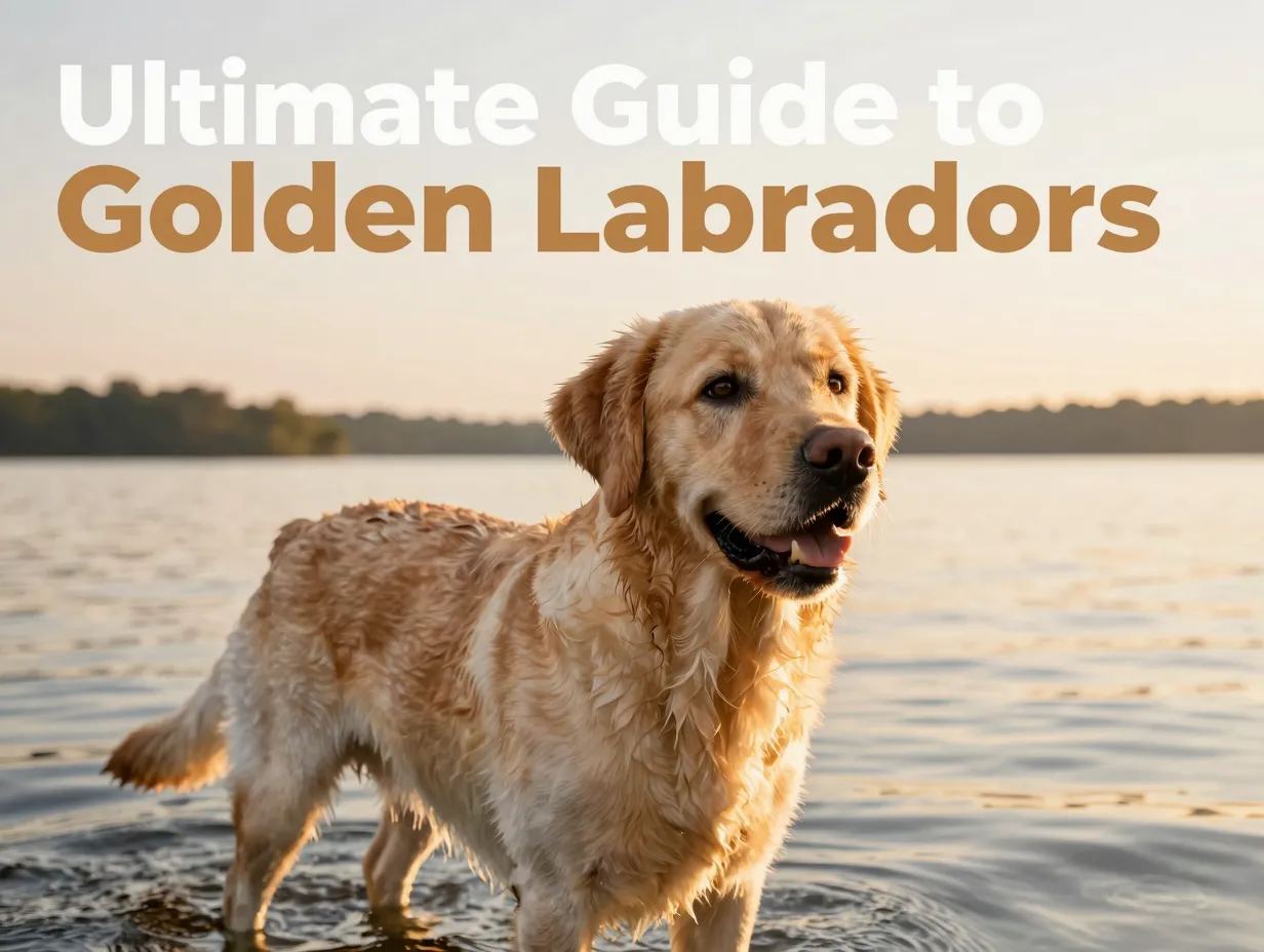 Golden labrador retriever portrait water edge sunrise warm coat family dog