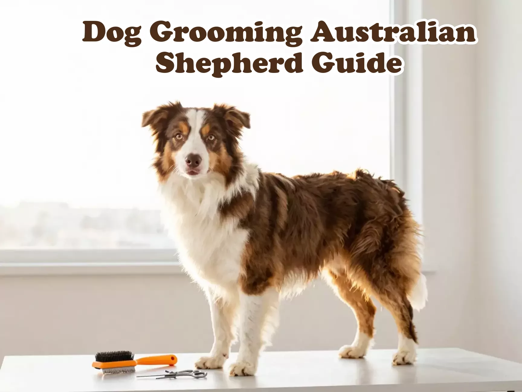 Healthy australian shepherd with brush and grooming tools at home main