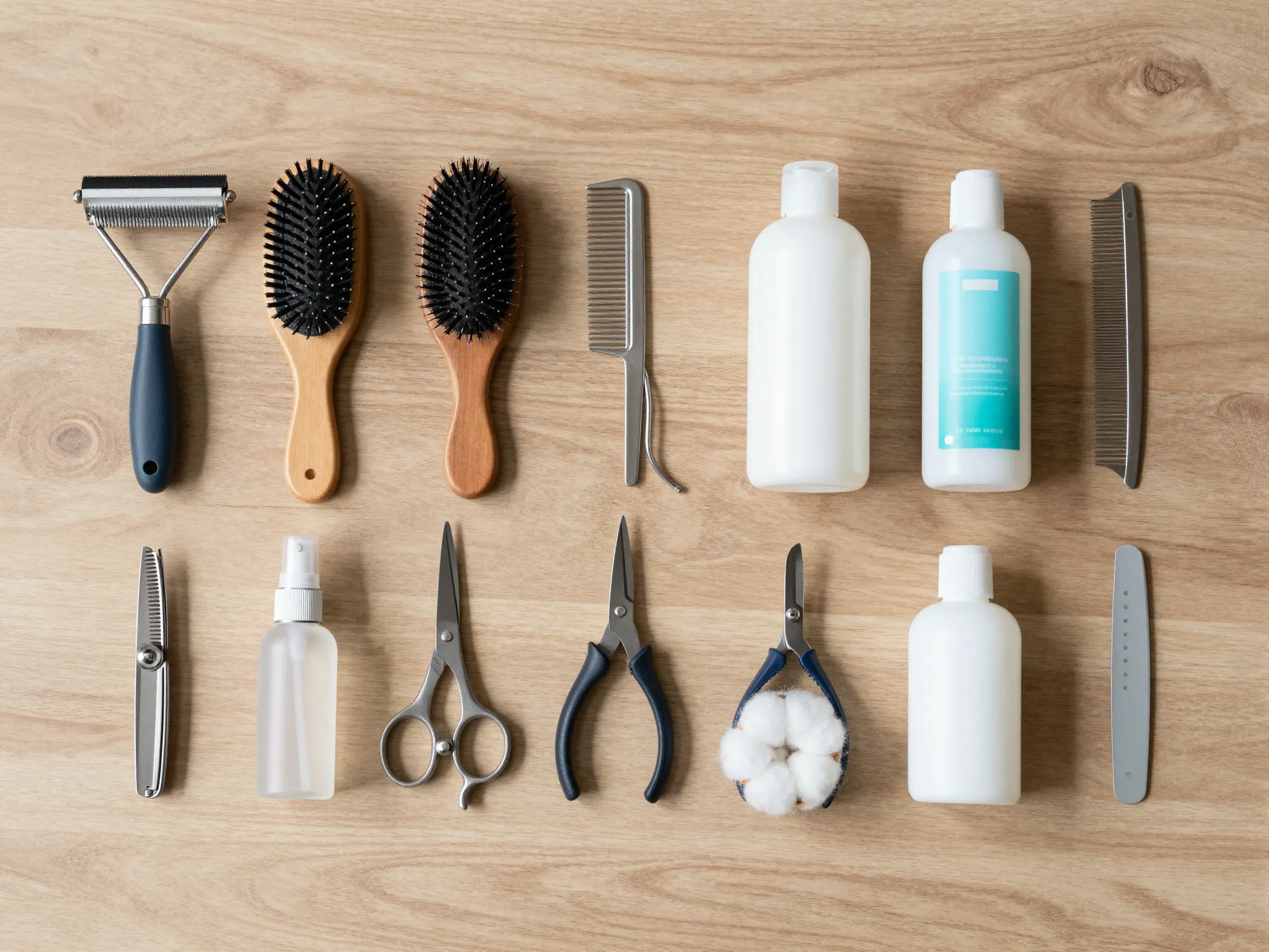 An organized assortment of essential dog grooming tools on a wooden table