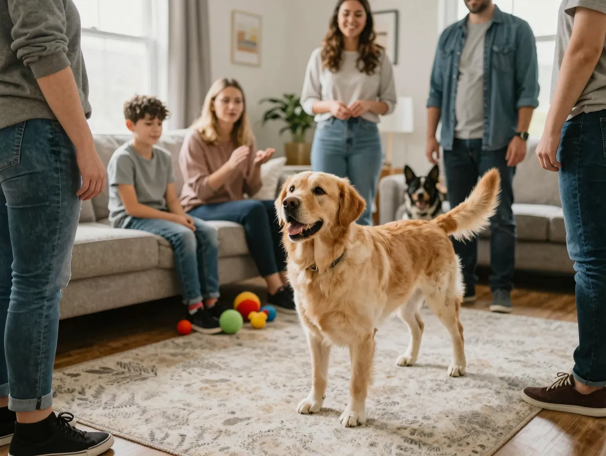 Friendly golden labrador retriever greets guests in home environment