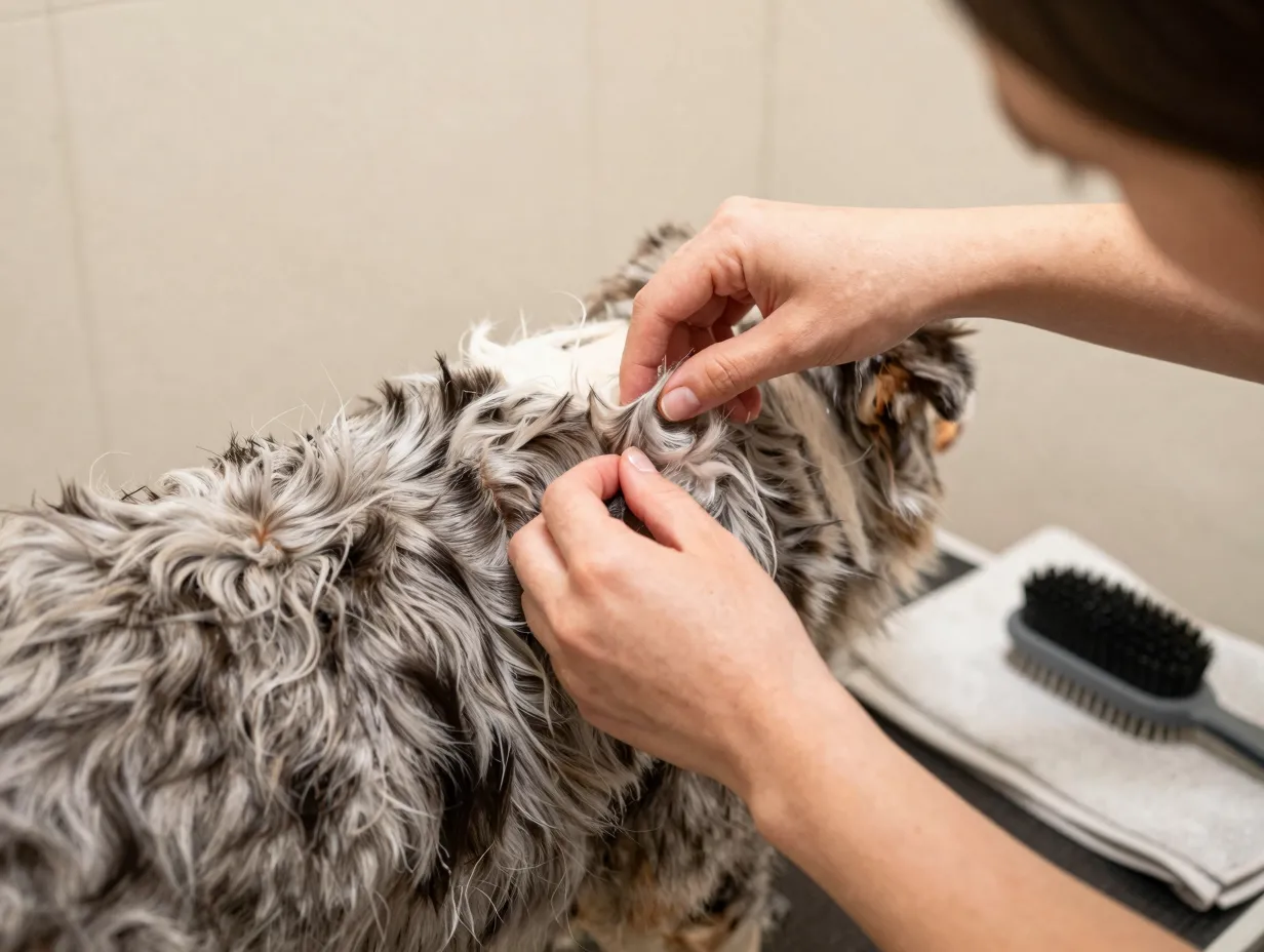 A person inspecting an australian shepherds coat for tangles before a bath