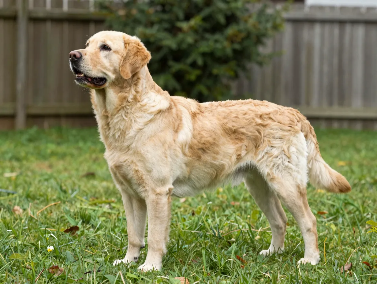 Golden labrador retriever stands tall in backyard showing size