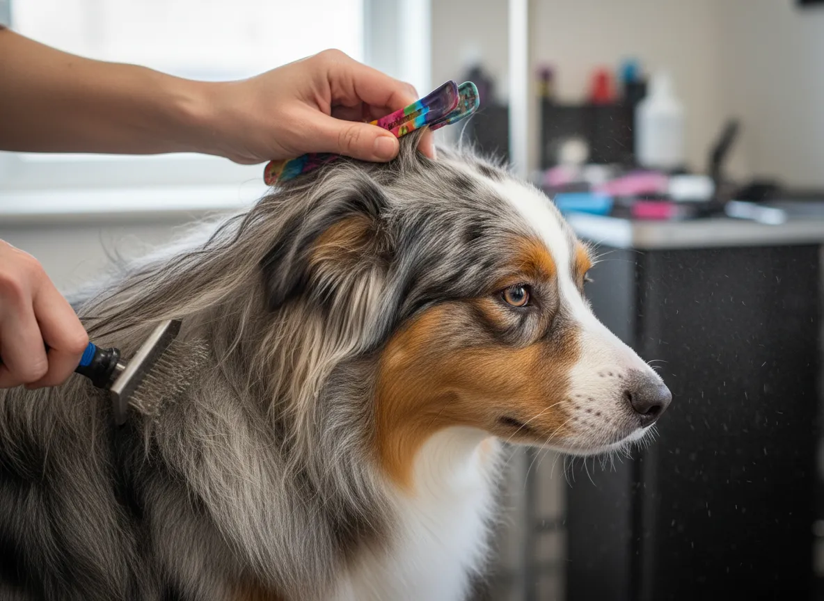A person using the section grooming technique on an australian shepherd