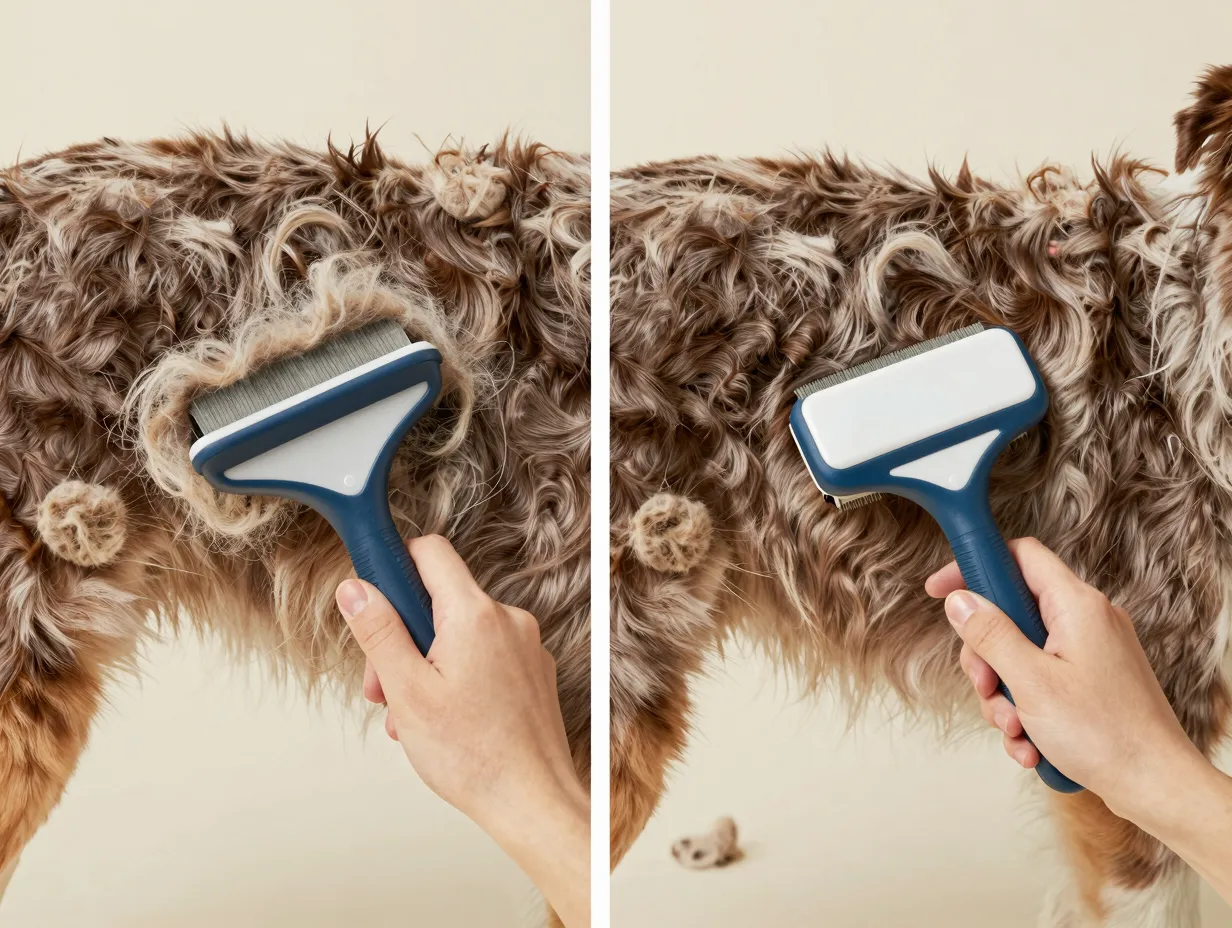 A two step grooming process with an undercoat rake and slicker brush