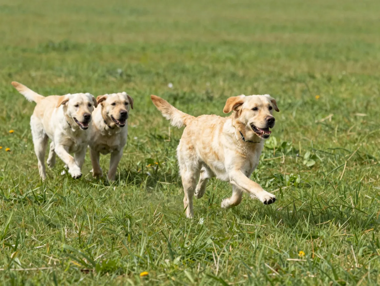Golden labrador retriever runs vigorously through open field