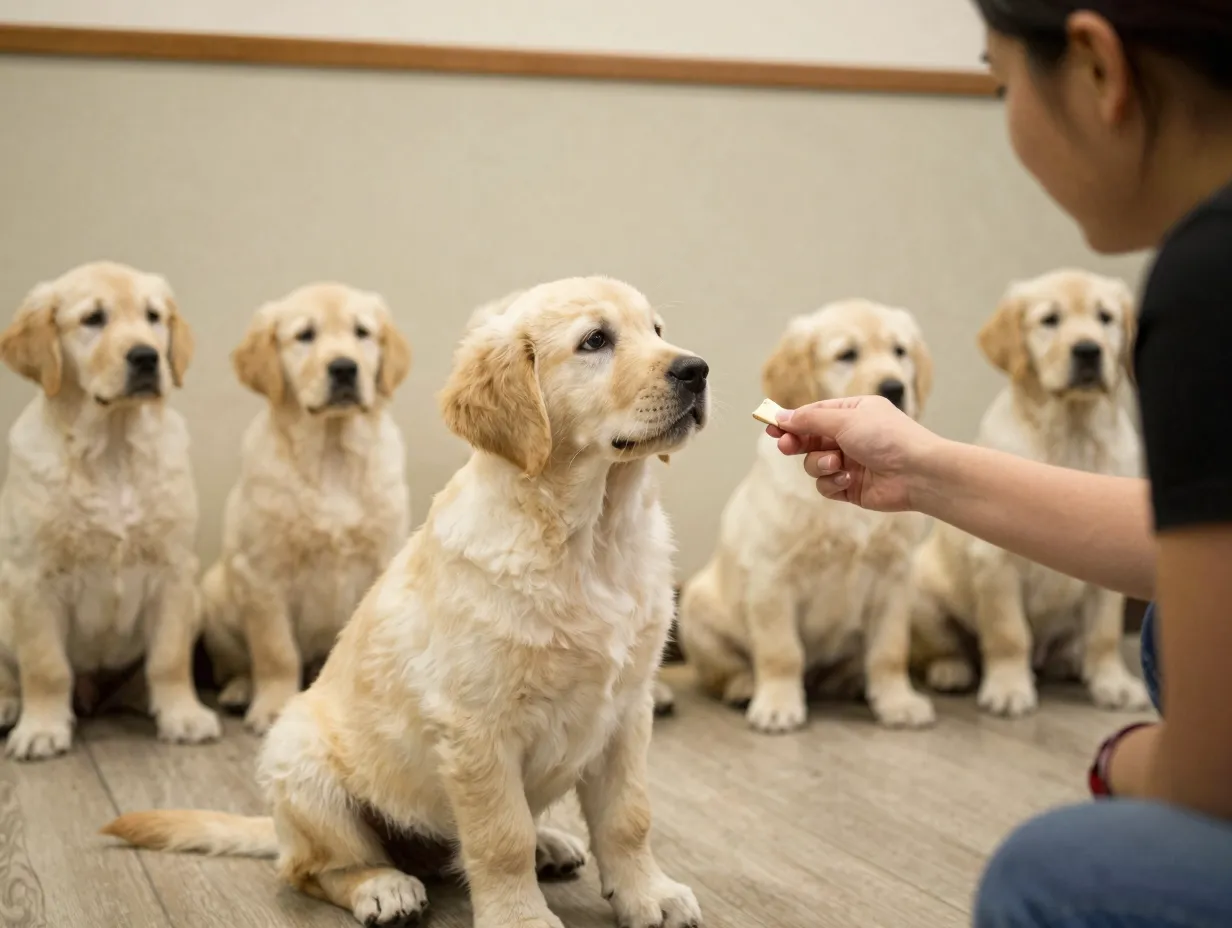 Golden labrador retriever learning command with treat reward