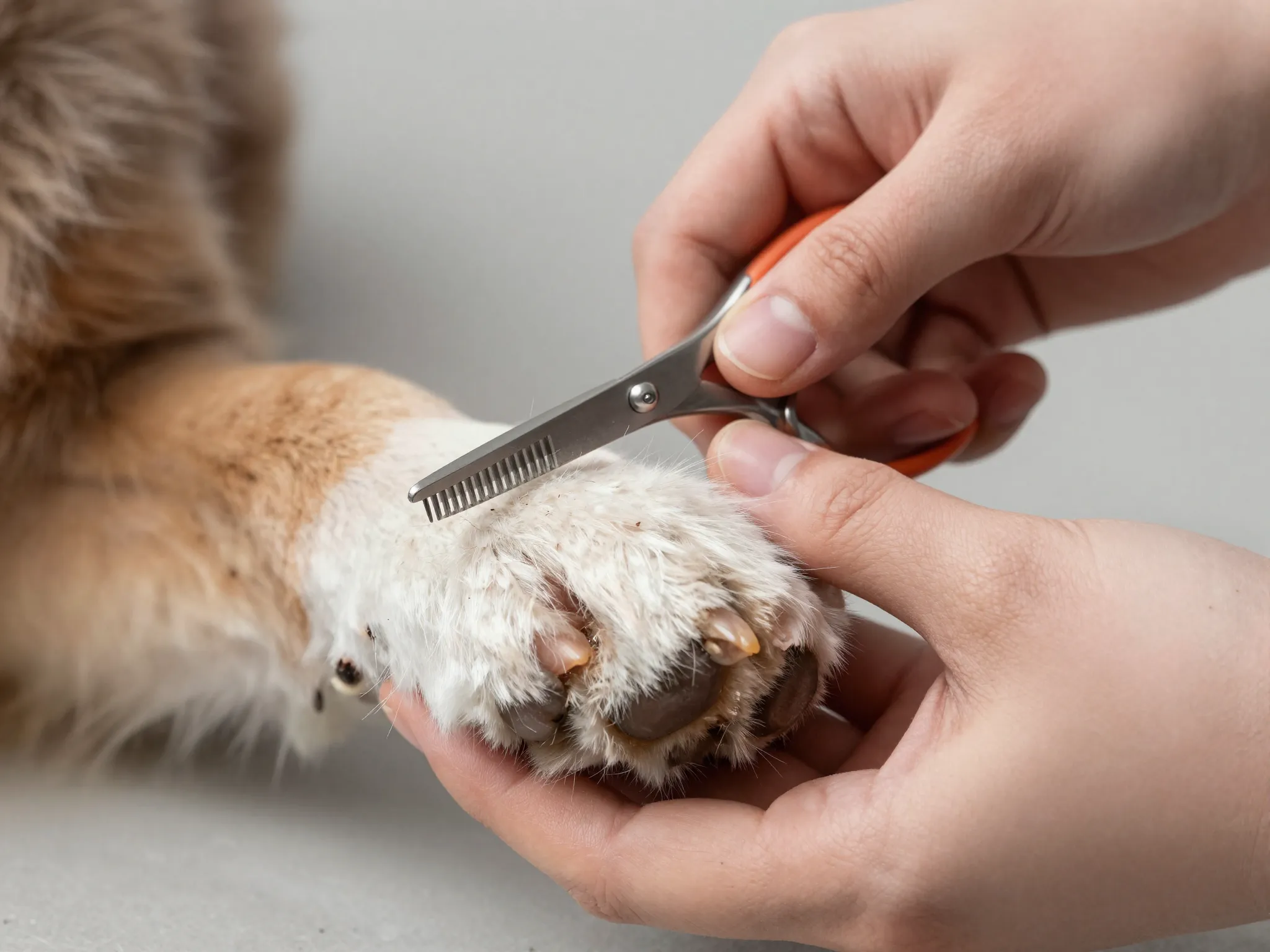 Strategic trimming of an australian shepherds paw fur with thinning shears