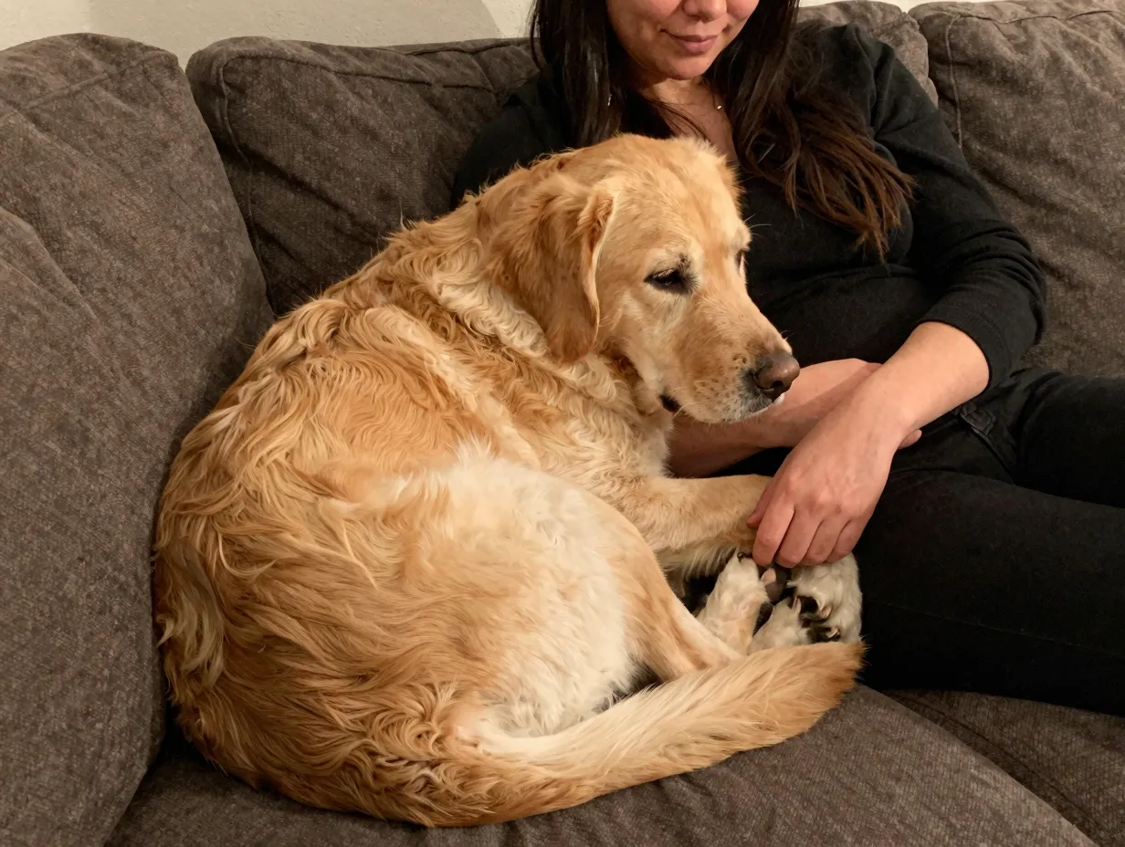 Golden labrador retriever curled up loyally with owner on couch