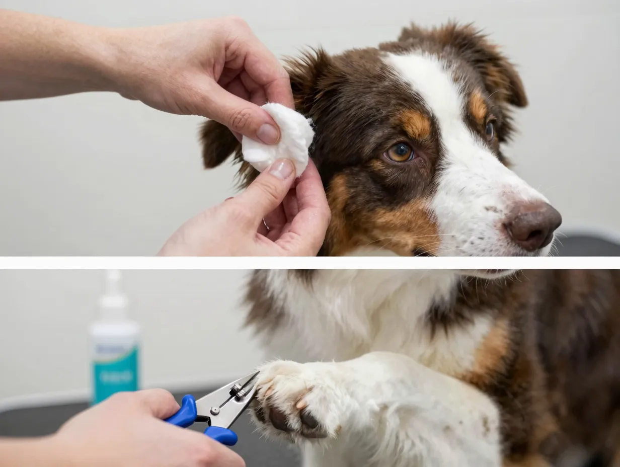Weekly ear cleaning and nail care for an australian shepherd dog