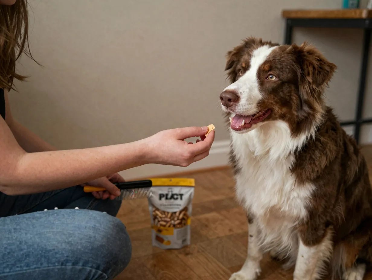 A positive grooming session with treats for an australian shepherd