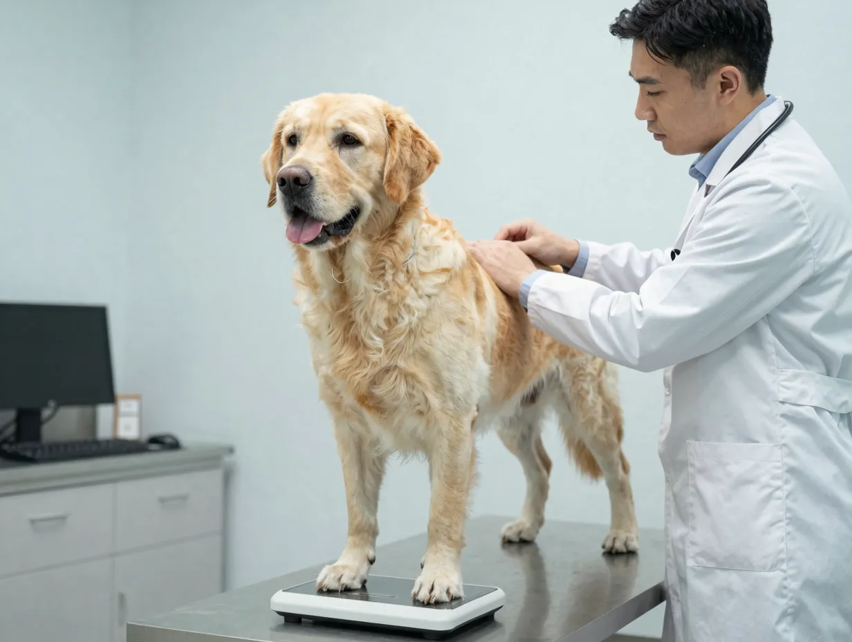 Golden labrador retriever at veterinary checkup for health