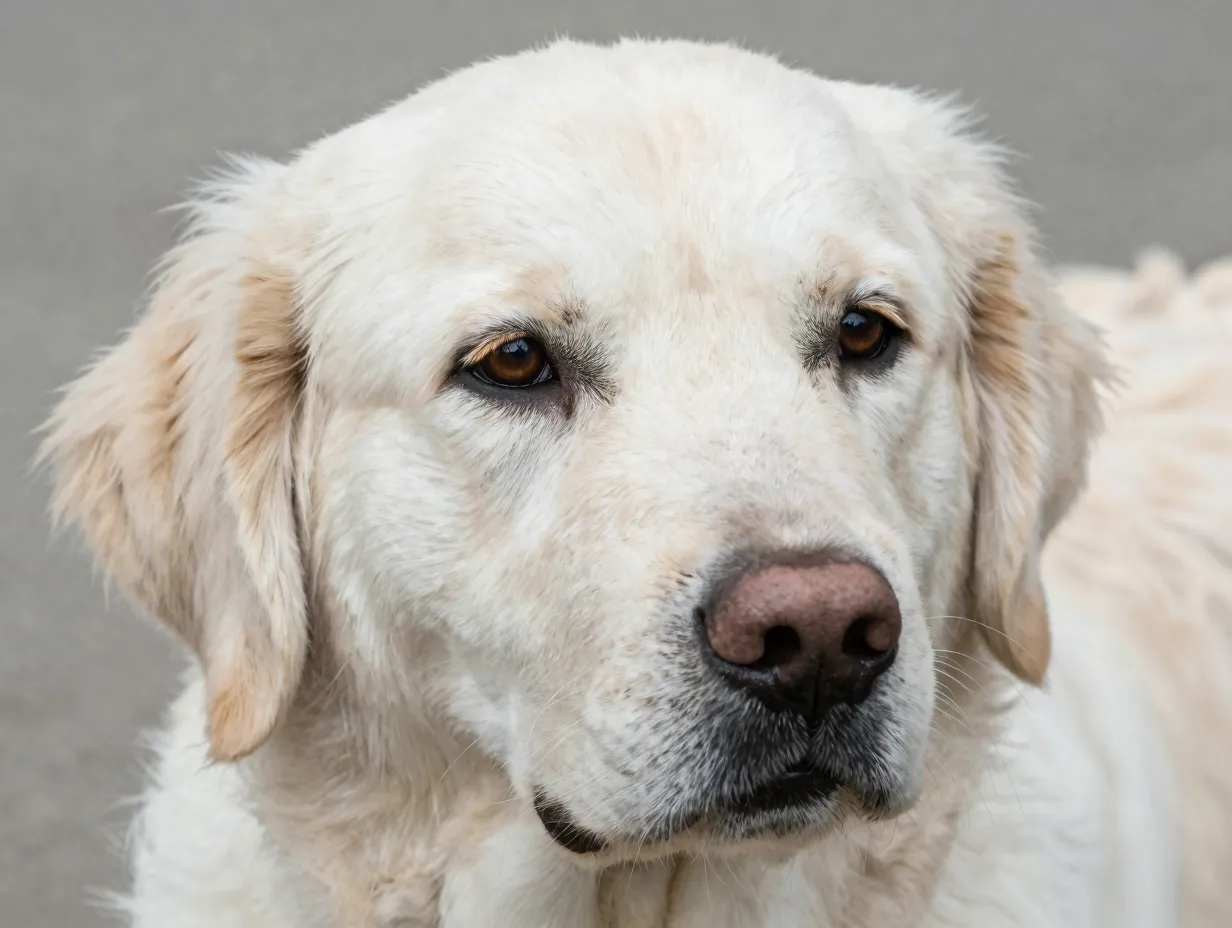Close up pale cream golden retriever dark nose brown eyes