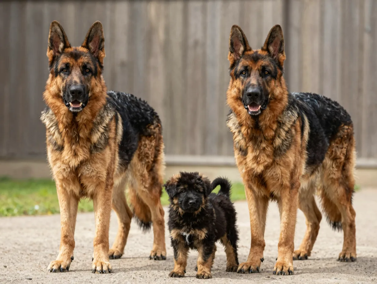 Male female adult german shepherd dogs standing next to small fluffy puppy