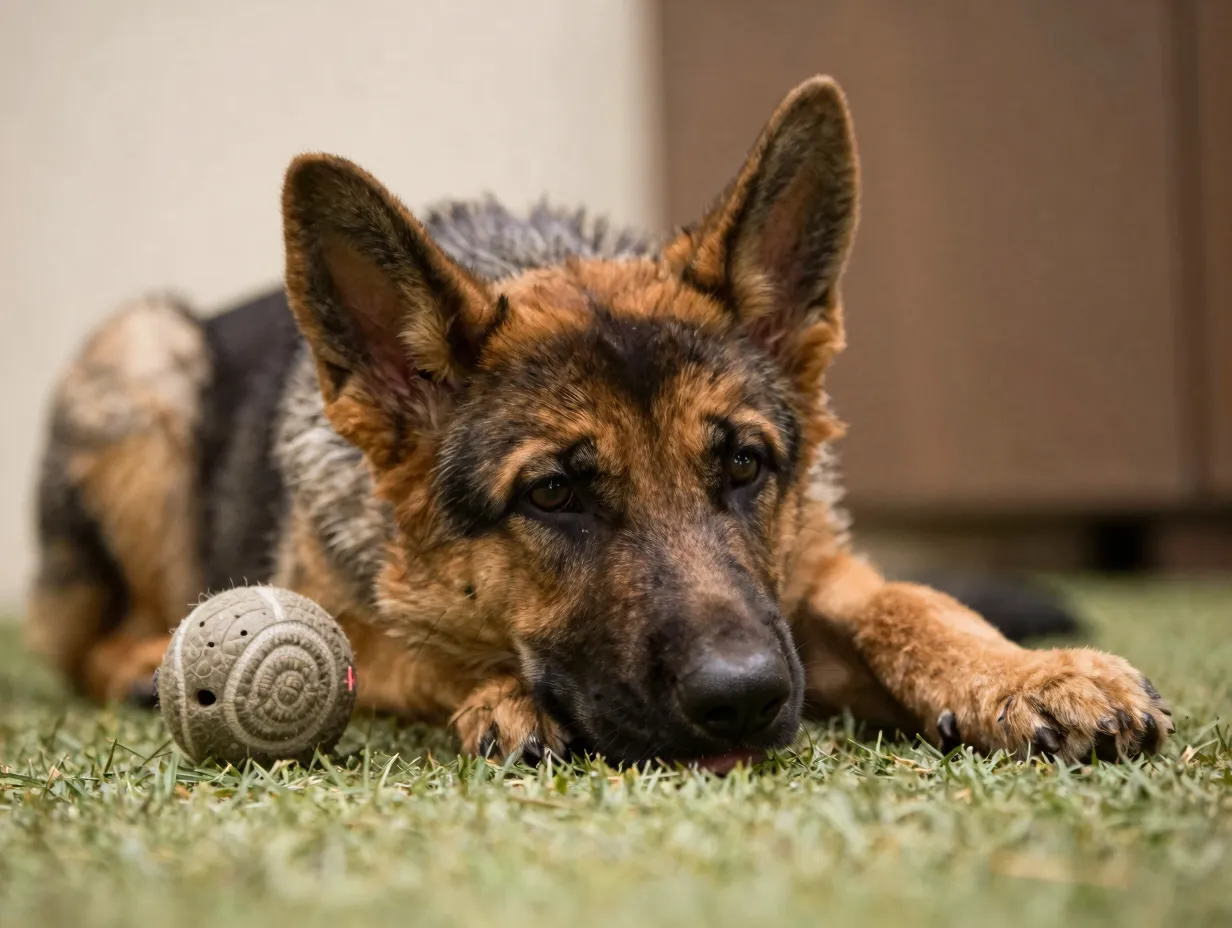Tired german shepherd puppy lying down after fifteen minute play