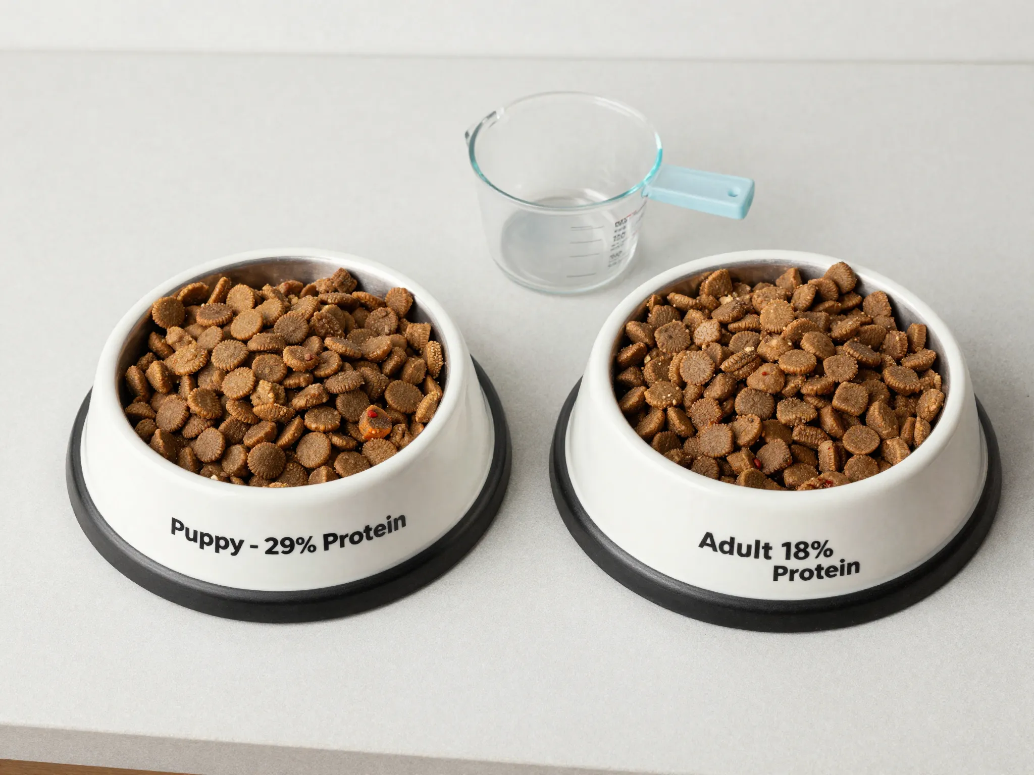 Two dog food bowls labeled puppy adult different protein percentages