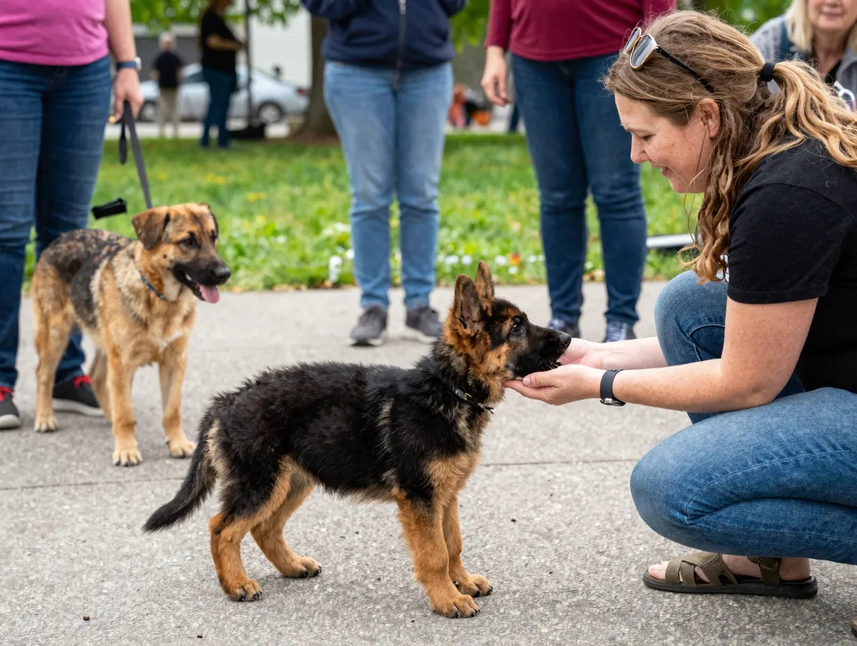 German shepherd puppy meeting diverse people calm dog socialization