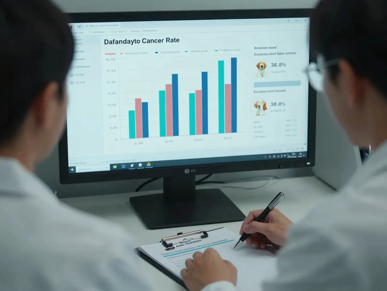 Veterinarian reviewing golden retriever cancer study data charts
