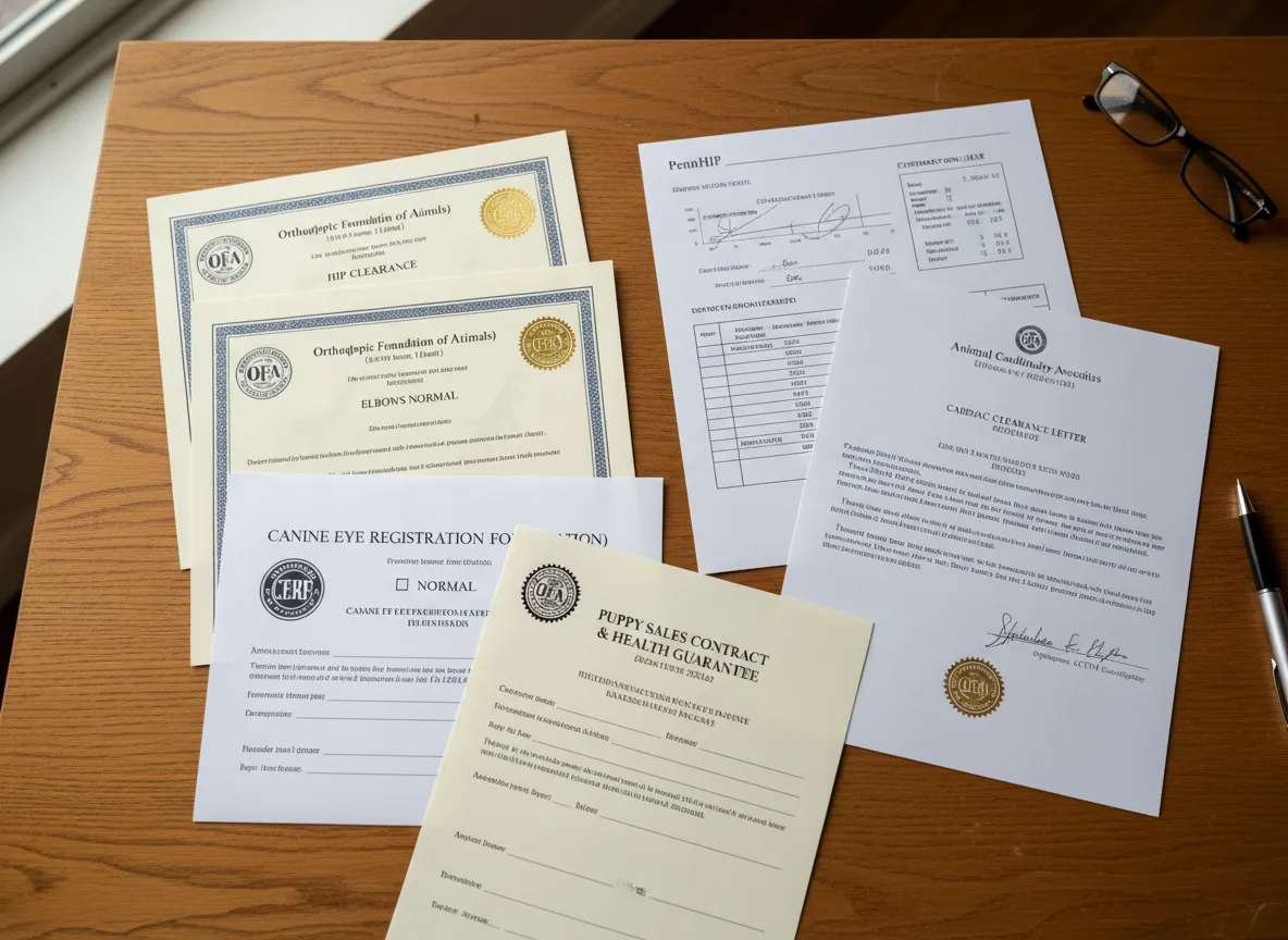 Stack of ofa cerf pennhip cardiac health certificates documents